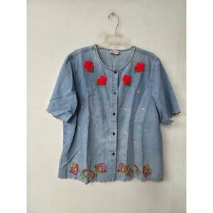 Vtg Toffee Apple XL Denim Shirt Blue Embroidered Floral Scalloped Hem Button‎ Up